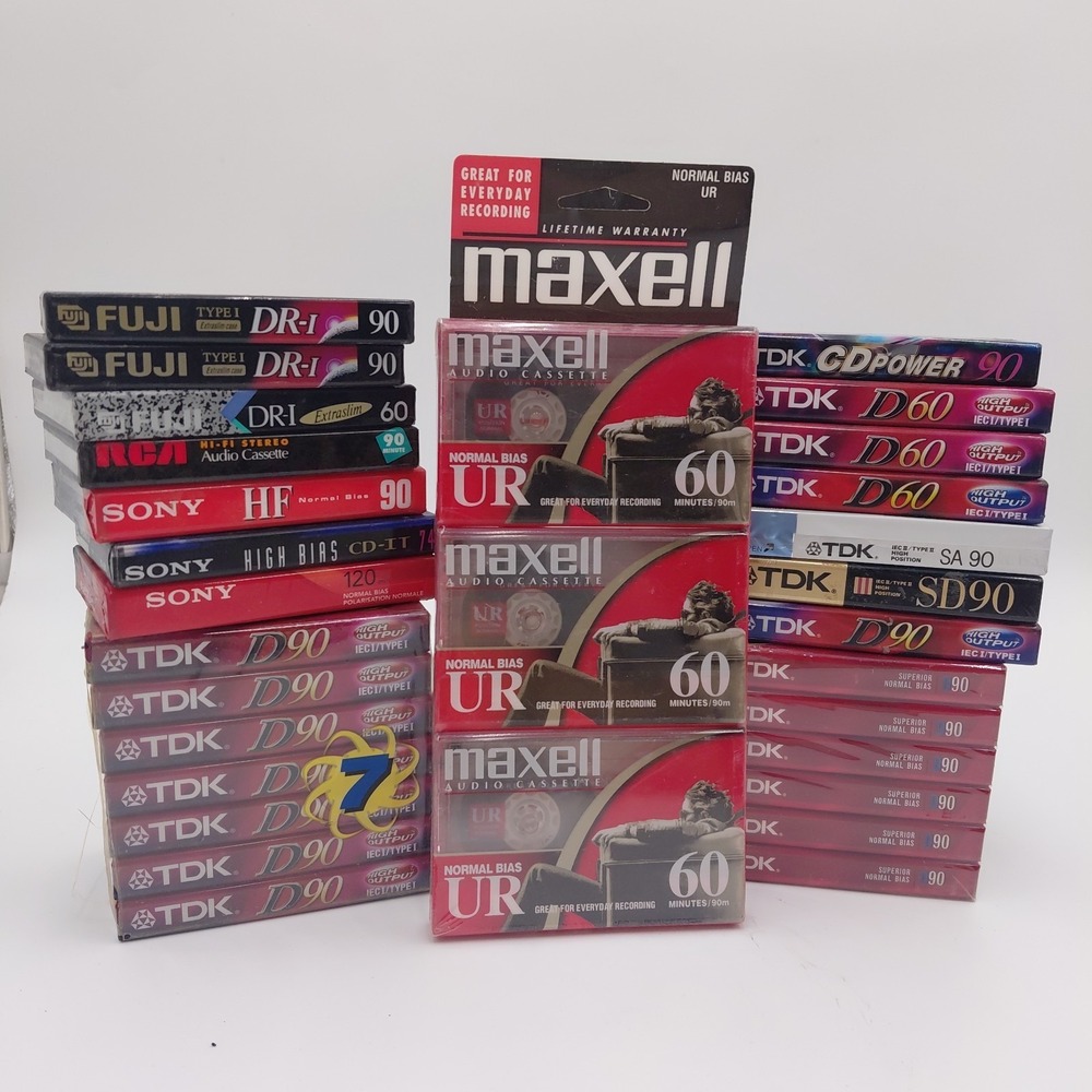NEW Sealed 30 Tape Mixed Lot TDK Sony Fuji RCA Maxwell Audio Cassette Type 1 & 2